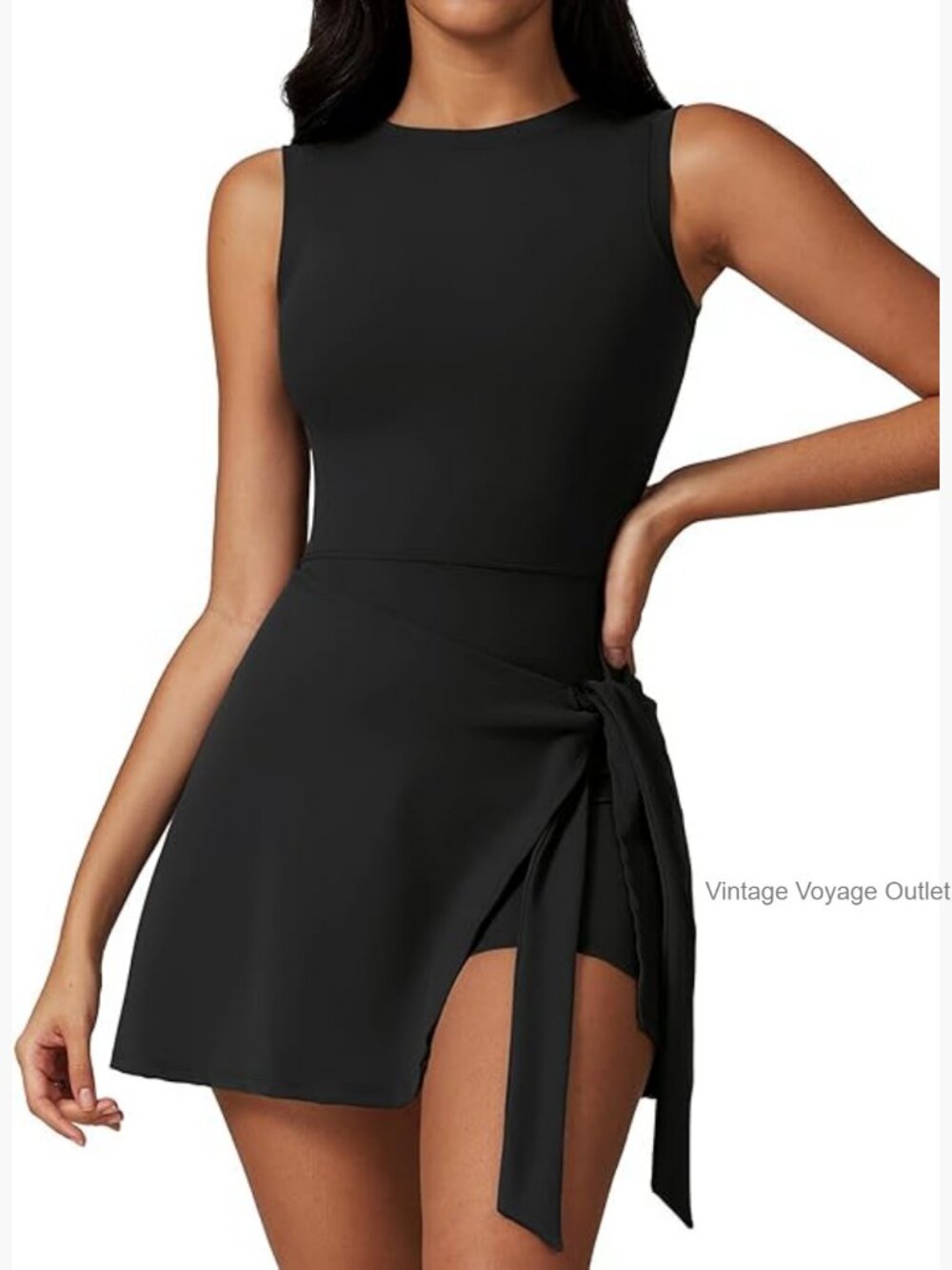 Sleeveless Tennis Dress with Built-in Shorts U-Shaped Back Front Tie Knot Romper